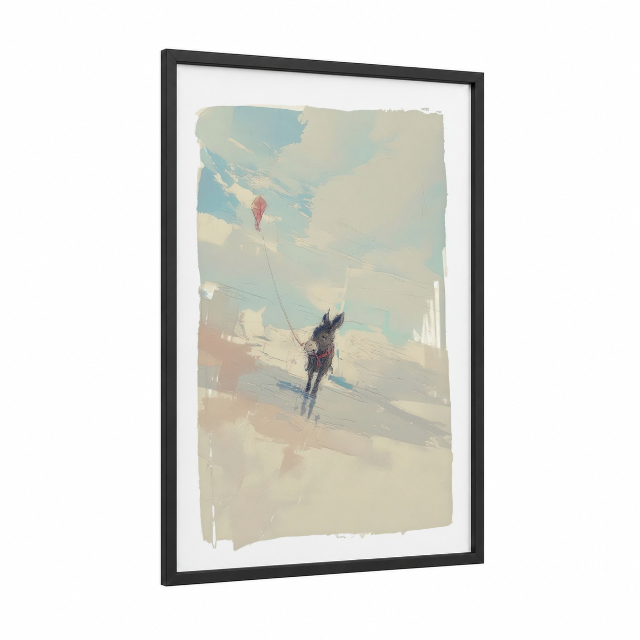 Kite-Flying Donkey framed art print — black wood frame — blue and cream palette