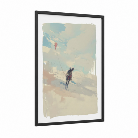 Kite-Flying Donkey framed art print — black wood frame — blue and cream palette