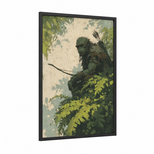 Forest Guardian Orc framed art print — black wood frame — dark green and green and pink palette