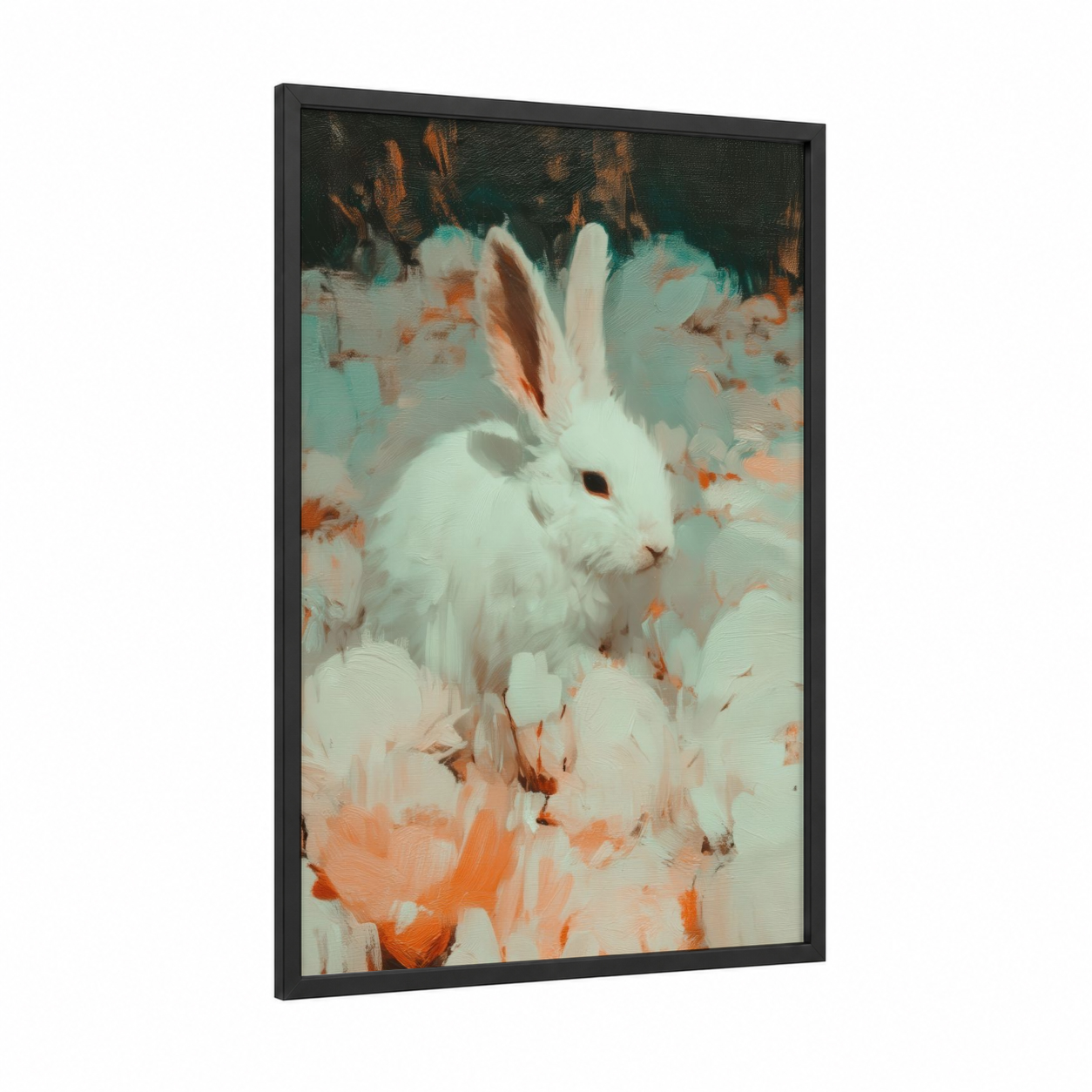 Snowy White Rabbit framed art print — black wood frame — white and peach palette