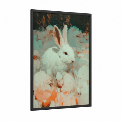 Snowy White Rabbit framed art print — black wood frame — white and peach palette