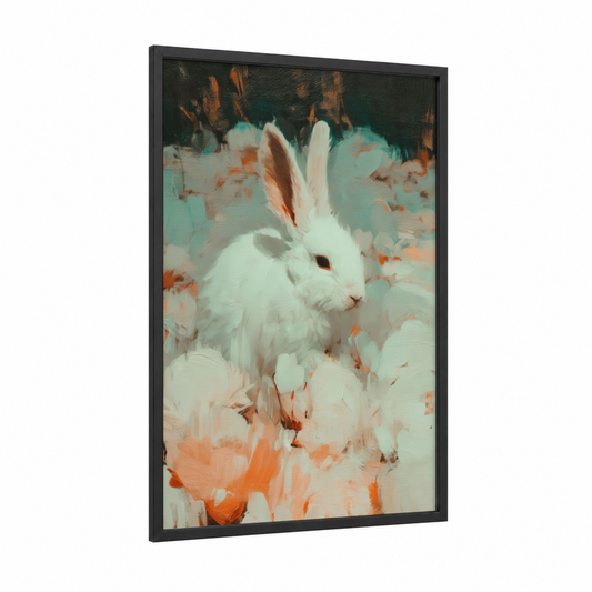 Snowy White Rabbit framed art print — black wood frame — white and peach palette