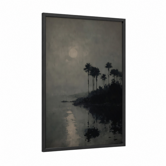 Misty Oasis framed art print — black wood frame — gray and beige palette