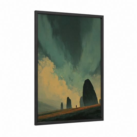 Aurora Monoliths framed northern lights print — black wood frame — dark green and gold palette