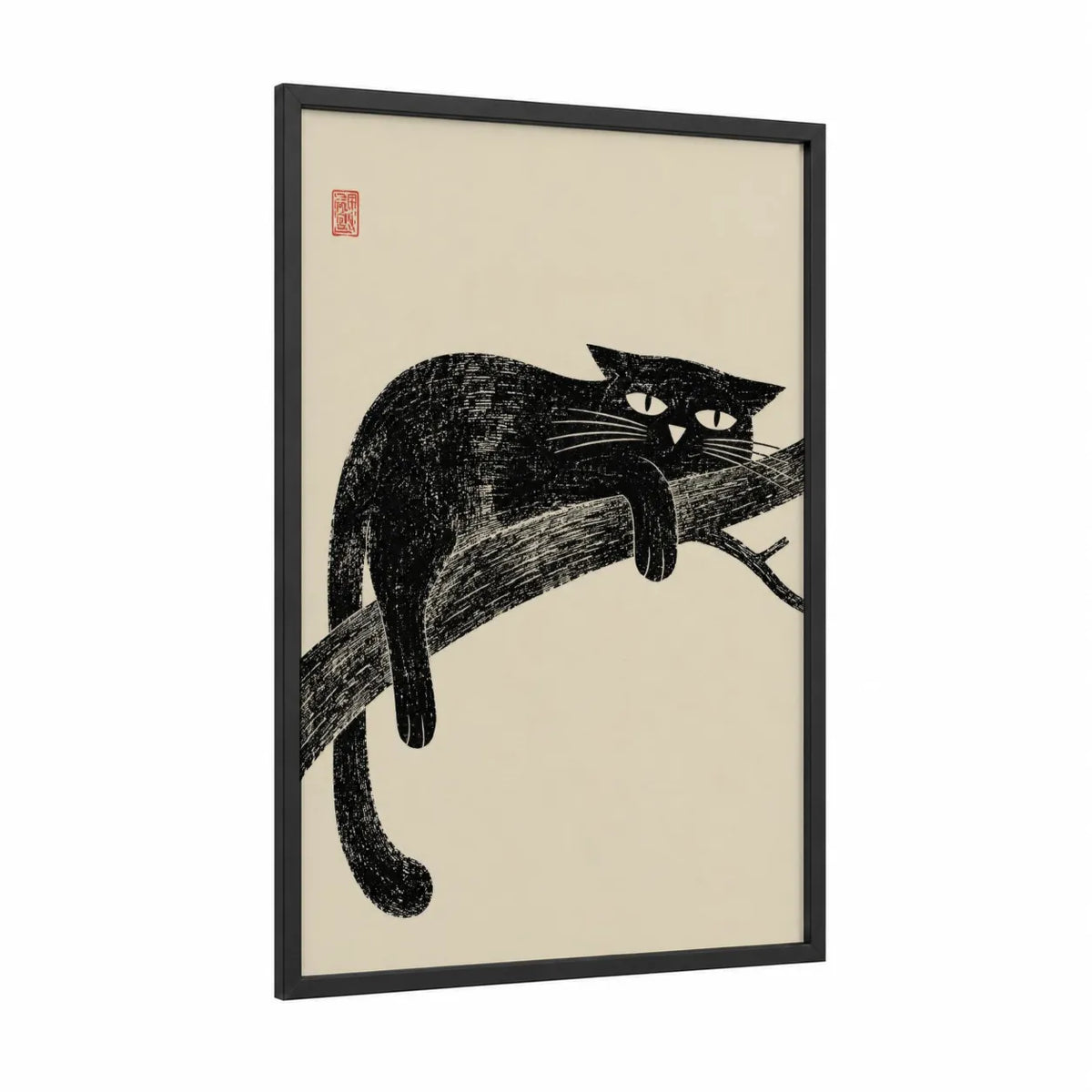Black Cat on Branch Wall Art framed art print — black wood frame — black and white and beige palette