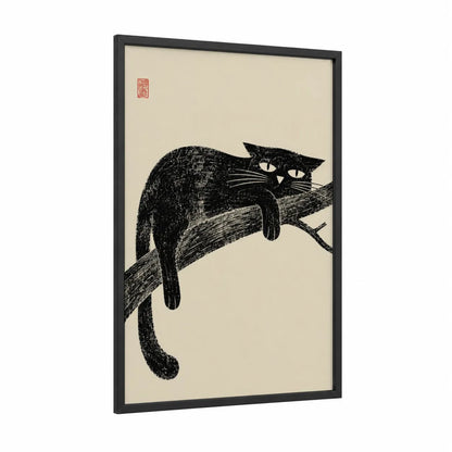 Black Cat on Branch Wall Art framed art print — black wood frame — black and white and beige palette