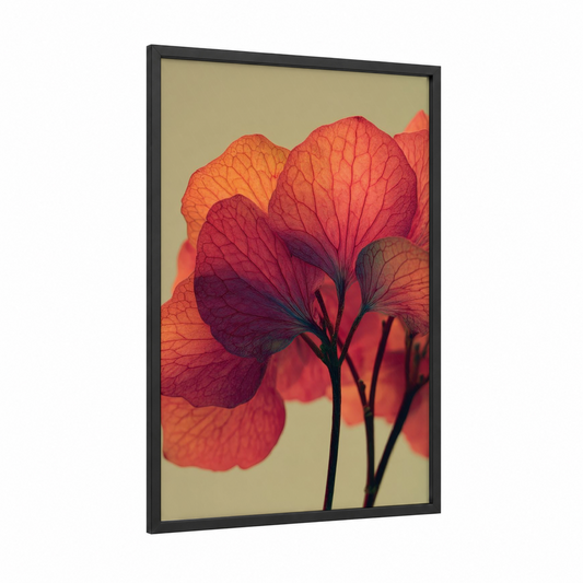Crimson Hydrangea framed art print — black wood frame — red and gold palette
