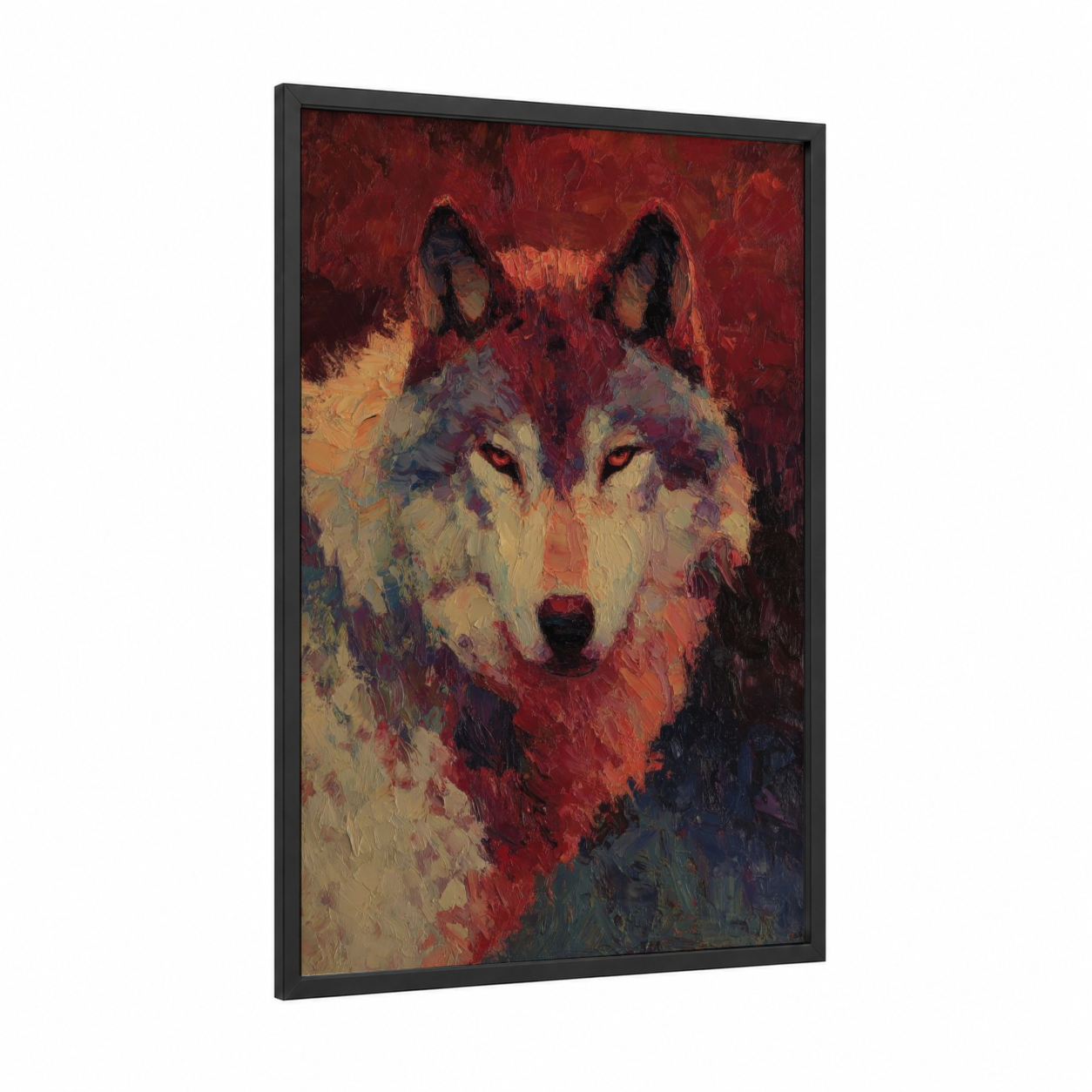 Crimson Wolf framed art print — black wood frame — red and gold palette