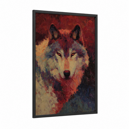 Crimson Wolf framed art print — black wood frame — red and gold palette