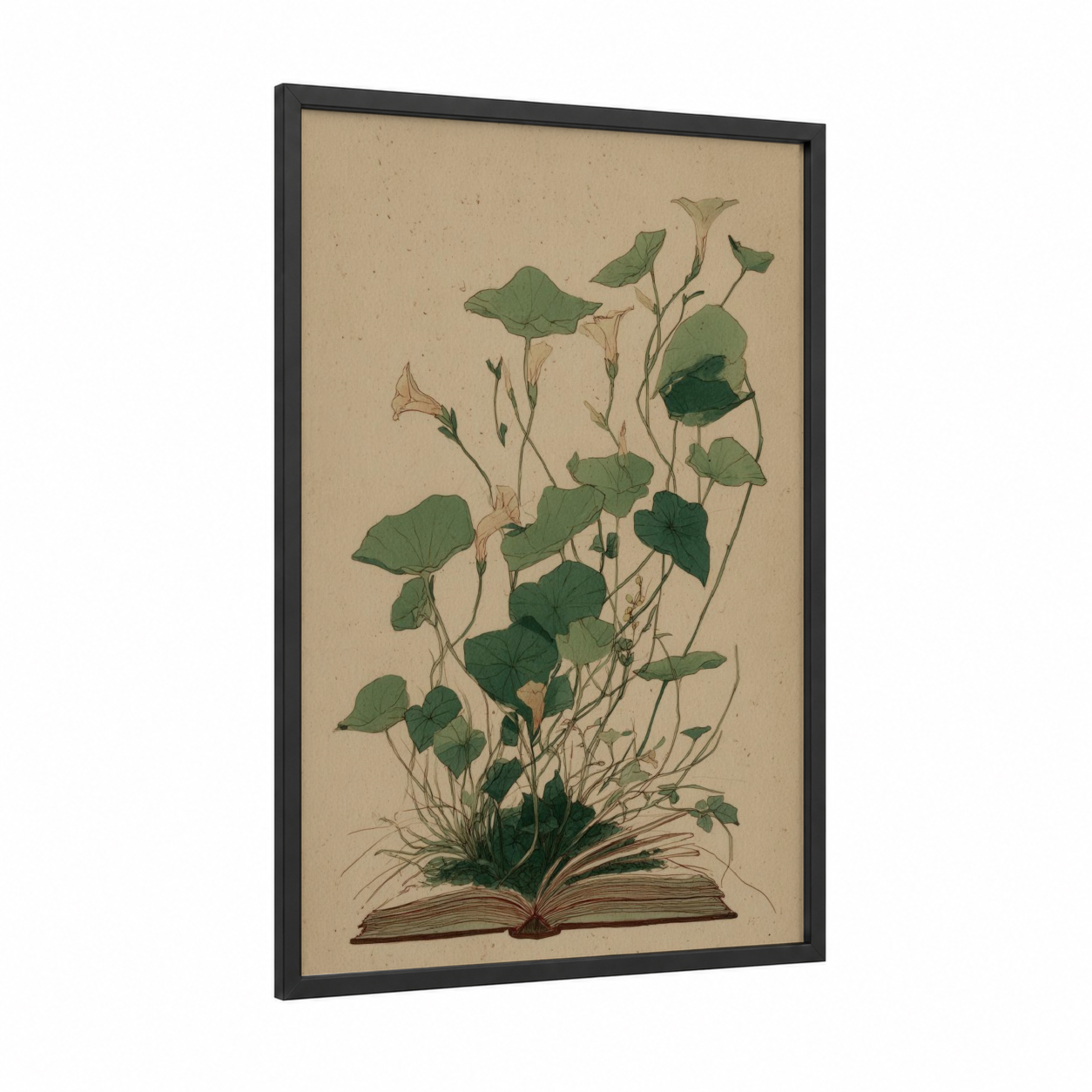 Botanical Reading framed art print — black wood frame — light green and beige palette