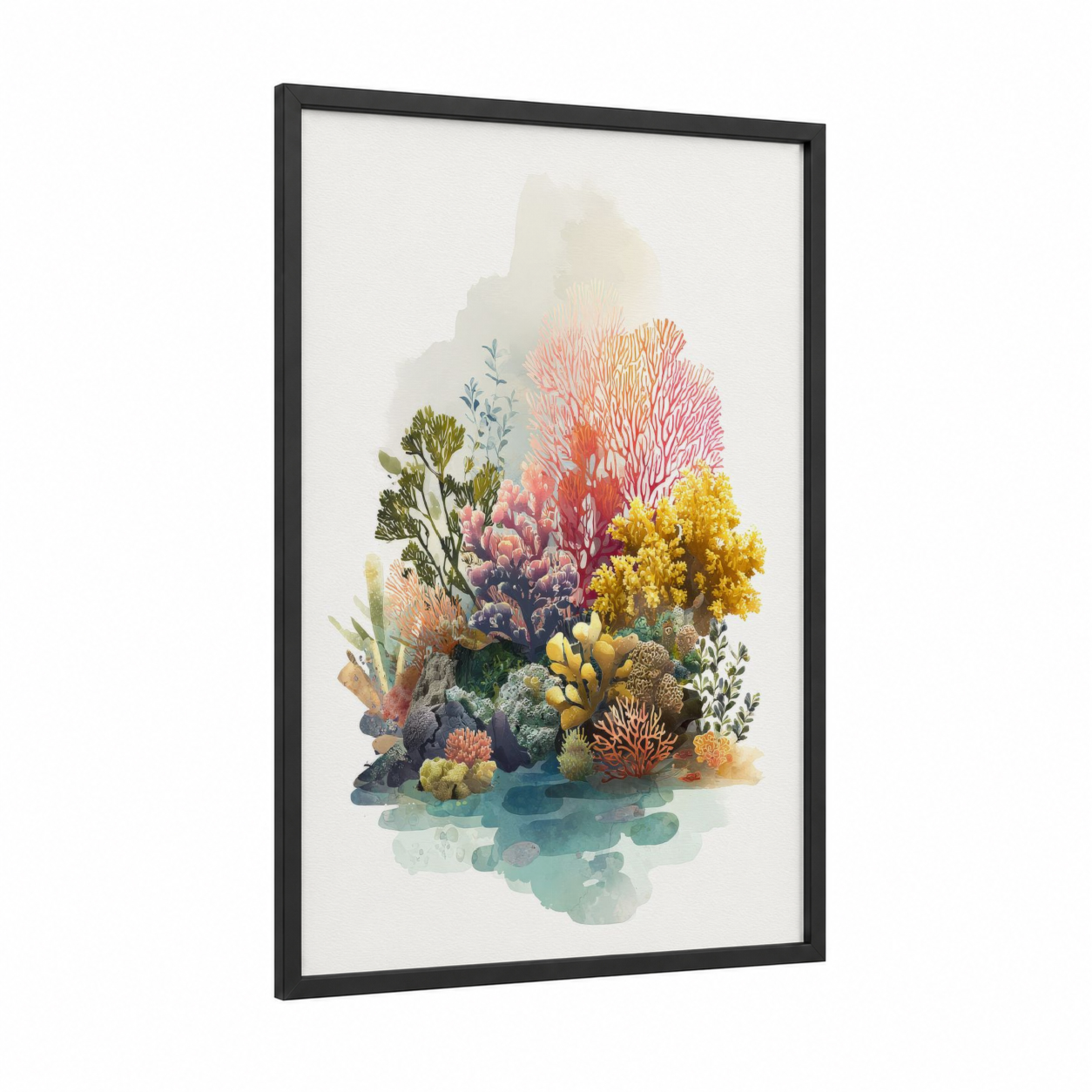 Vibrant Coral Reef framed art print — black wood frame — coral pink and yellow gold palette