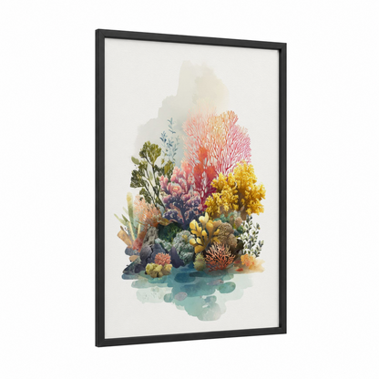 Vibrant Coral Reef framed art print — black wood frame — coral pink and yellow gold palette