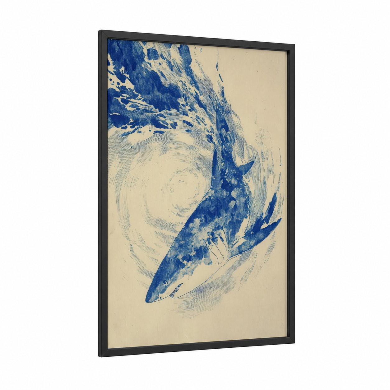 Blue Shark Whirlwind framed art print — black wood frame — blue and white and cream palette