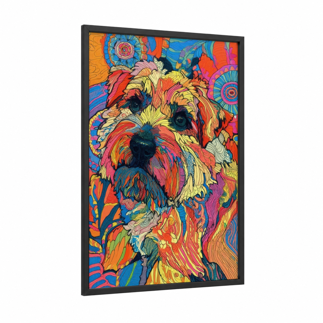 Psychedelic Terrier framed art print — black wood frame — orange and magenta palette