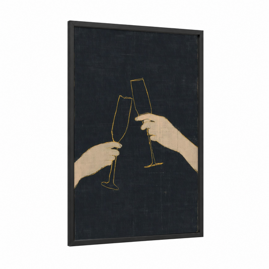 Champagne Toast framed new years eve print — black wood frame — black and gold palette