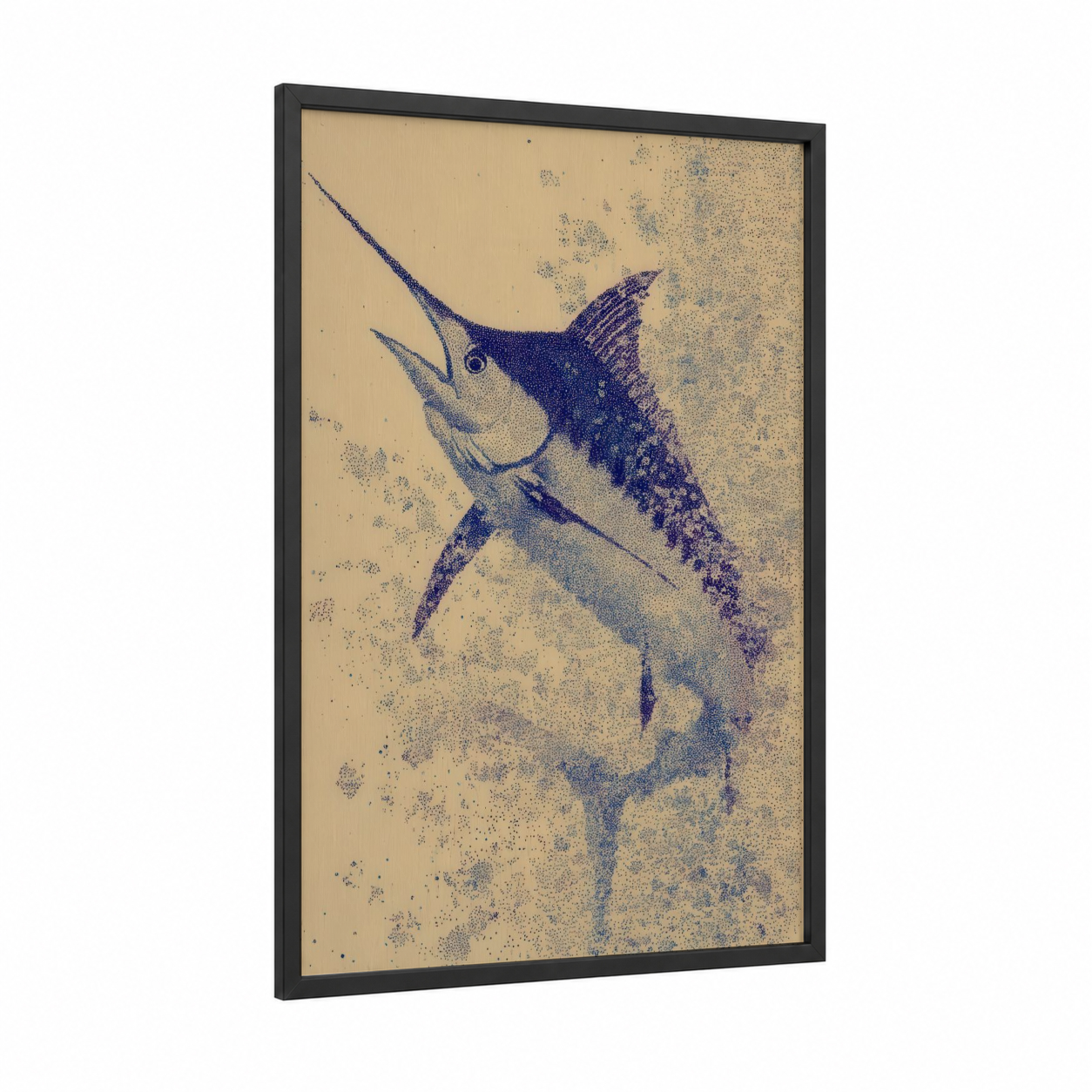 Azure Marlin framed blue marlin print — black wood frame — dark blue and gold palette