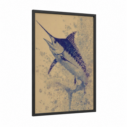 Azure Marlin framed blue marlin print — black wood frame — dark blue and gold palette