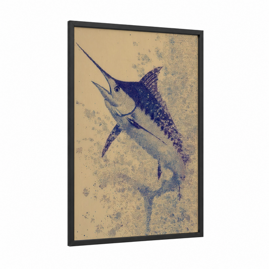 Azure Marlin framed blue marlin print — black wood frame — dark blue and gold palette