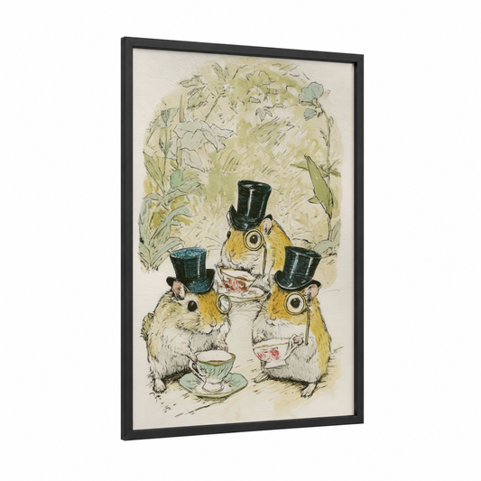 Whimsical Gerbil Tea Party framed art print — black wood frame — cream and light green palette