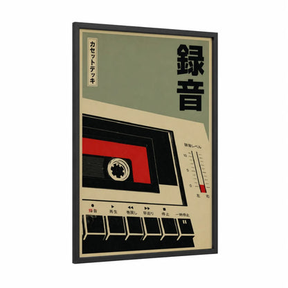 Vintage Cassette Tape Retro Wall Art framed vinyl records print — black wood frame — red and beige palette