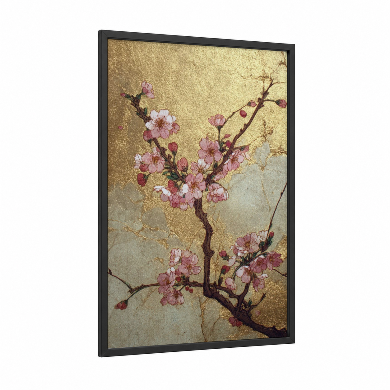 Golden Cherry Blossoms framed art print — black wood frame — gold and pink palette
