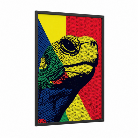 Pop Art Turtle framed art print — black wood frame — yellow and red palette