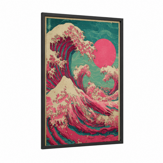 Crimson Wave Moon framed japanese psychedelic print — black wood frame — magenta and teal palette