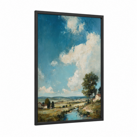 Countryside Stream Valley framed various landscapes print — black wood frame — blue and white and green palette