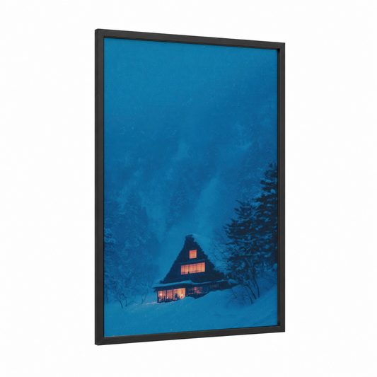 Snowy Mountain Lodge framed hotel print — black wood frame — blue and gold palette