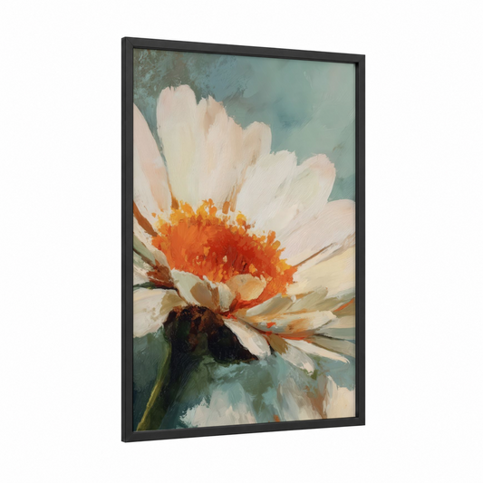 Sunlit Daisy framed art print — black wood frame — cream and bermuda gray palette