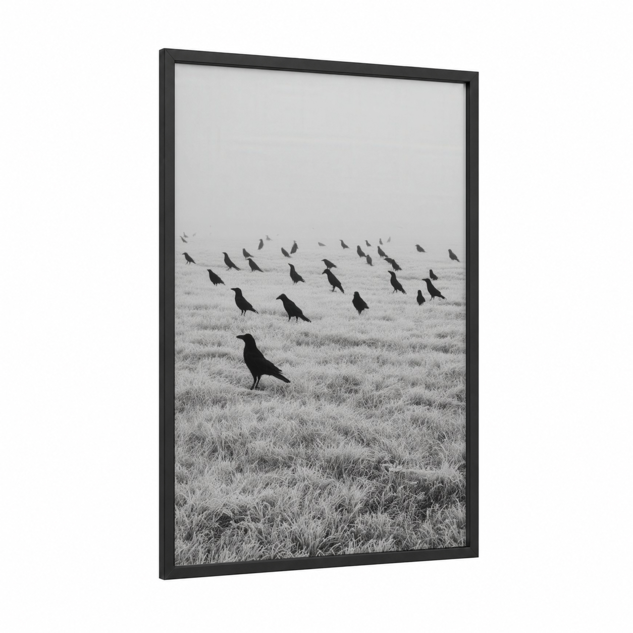 Frosty Crows Gathering framed crows and ravens print — black wood frame — black and white and gray palette