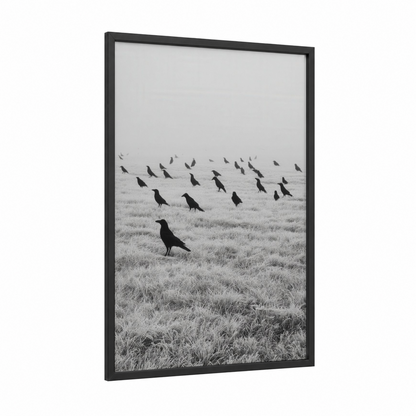 Frosty Crows Gathering framed crows and ravens print — black wood frame — black and white and gray palette
