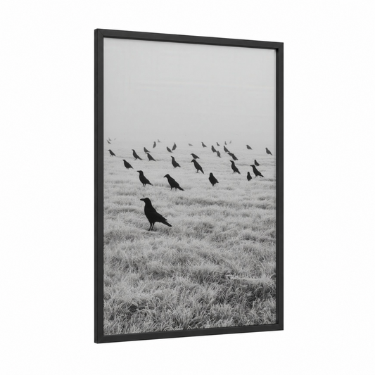 Frosty Crows Gathering framed crows and ravens print — black wood frame — black and white and gray palette
