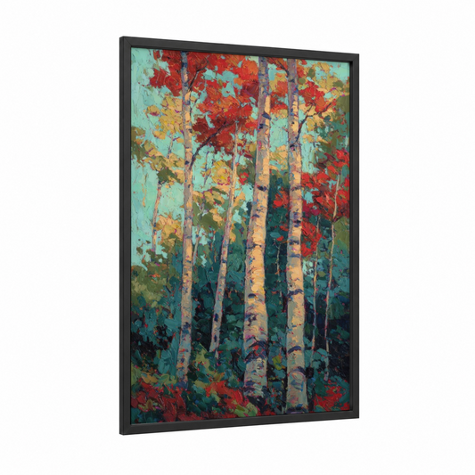 Autumn Birch Forest framed birch tree print — black wood frame — turquoise and red palette