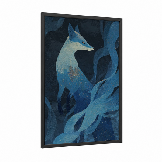 Mystic Fox framed art print — black wood frame — blue and gold palette