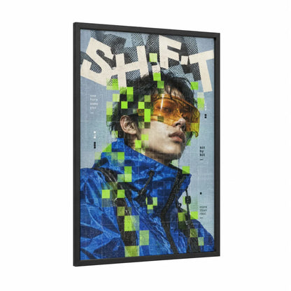Digital Glitch Portrait Wall Art framed fashion illustration print — black wood frame — blue and lime green palette