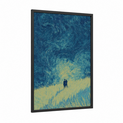 Starlit Field Couple framed art print — black wood frame — blue and gold palette
