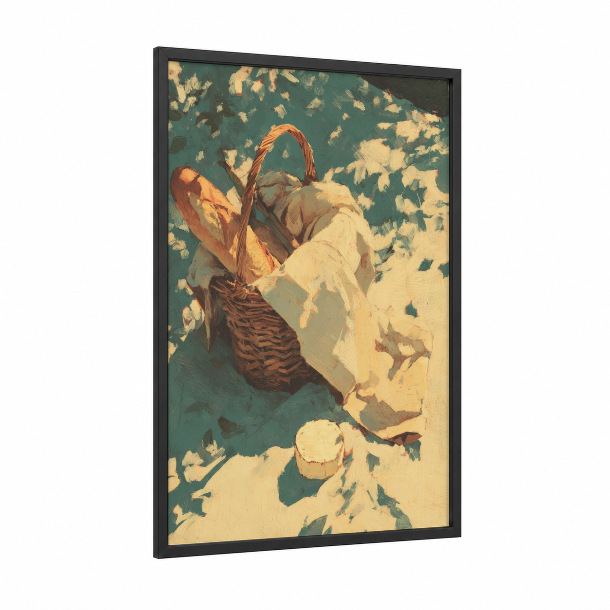 Golden Cheese Basket framed art print — black wood frame — gold and teal palette