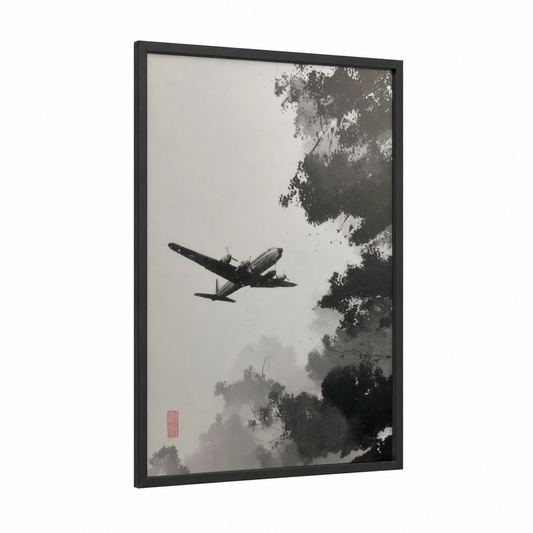 Vintage Plane Mist framed vintage airplane print — black wood frame — black and white palette