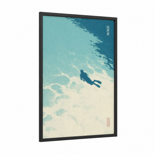 Underwater Explorer framed snorkeling print — black wood frame — turquoise and cream palette