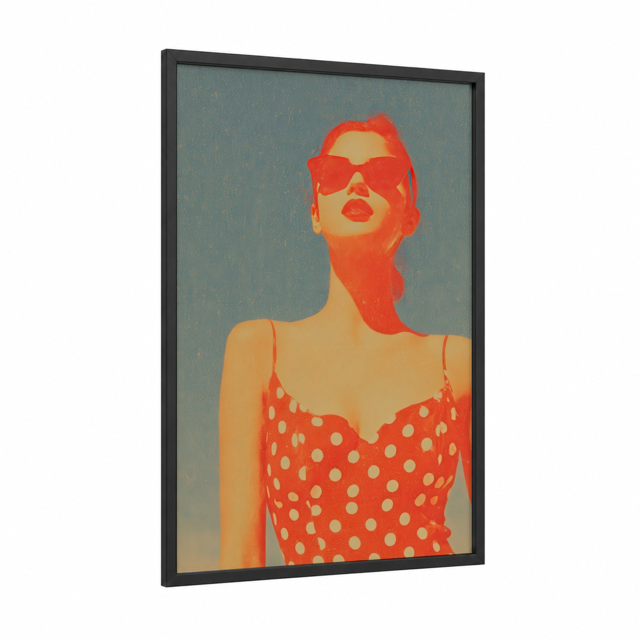 Retro Sunglasses Woman framed women's fashion print — black wood frame — red and cream palette