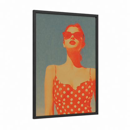 Retro Sunglasses Woman framed women's fashion print — black wood frame — red and cream palette