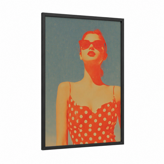Retro Sunglasses Woman framed women's fashion print — black wood frame — red and cream palette