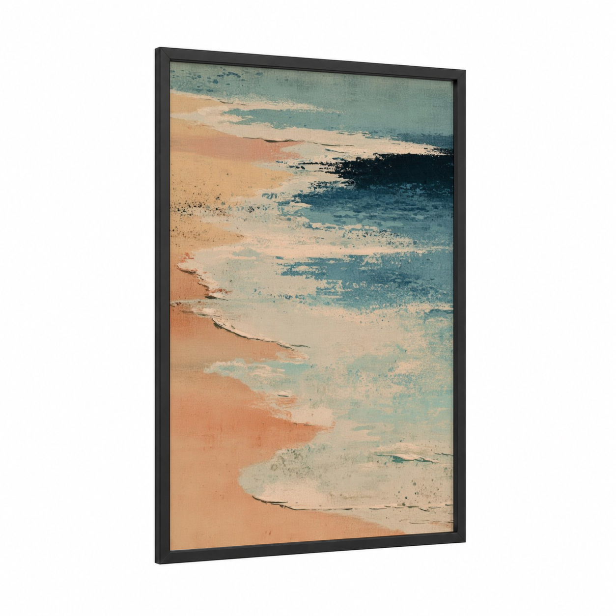 Sandy Shoreline framed summer print — black wood frame — peach and teal palette
