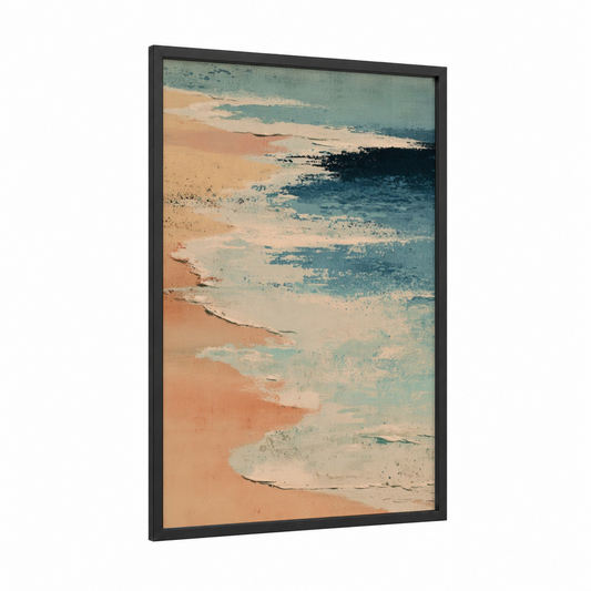 Sandy Shoreline framed summer print — black wood frame — peach and teal palette