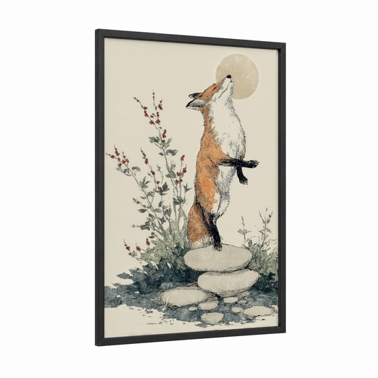 Moonlit Fox framed art print — black wood frame — cream and sage green palette