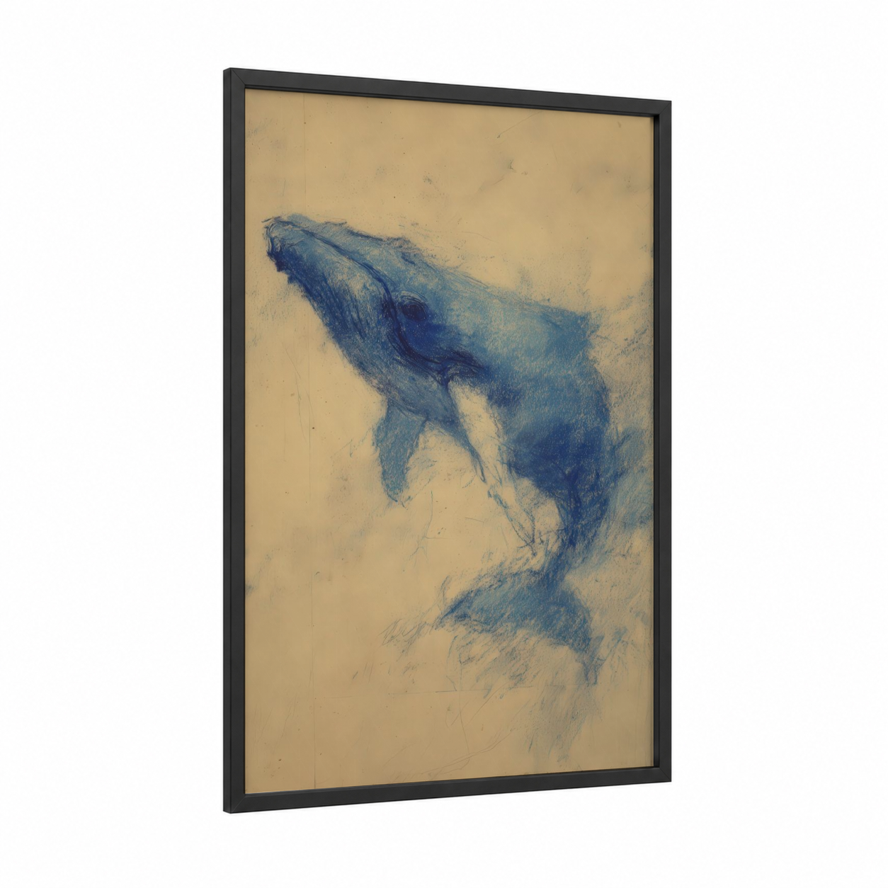 Ascending Blue Whale framed art print — black wood frame — blue and cream palette