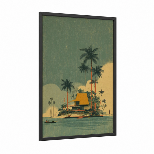 Tropical Island Retreat framed art print — black wood frame — sage green and gold palette