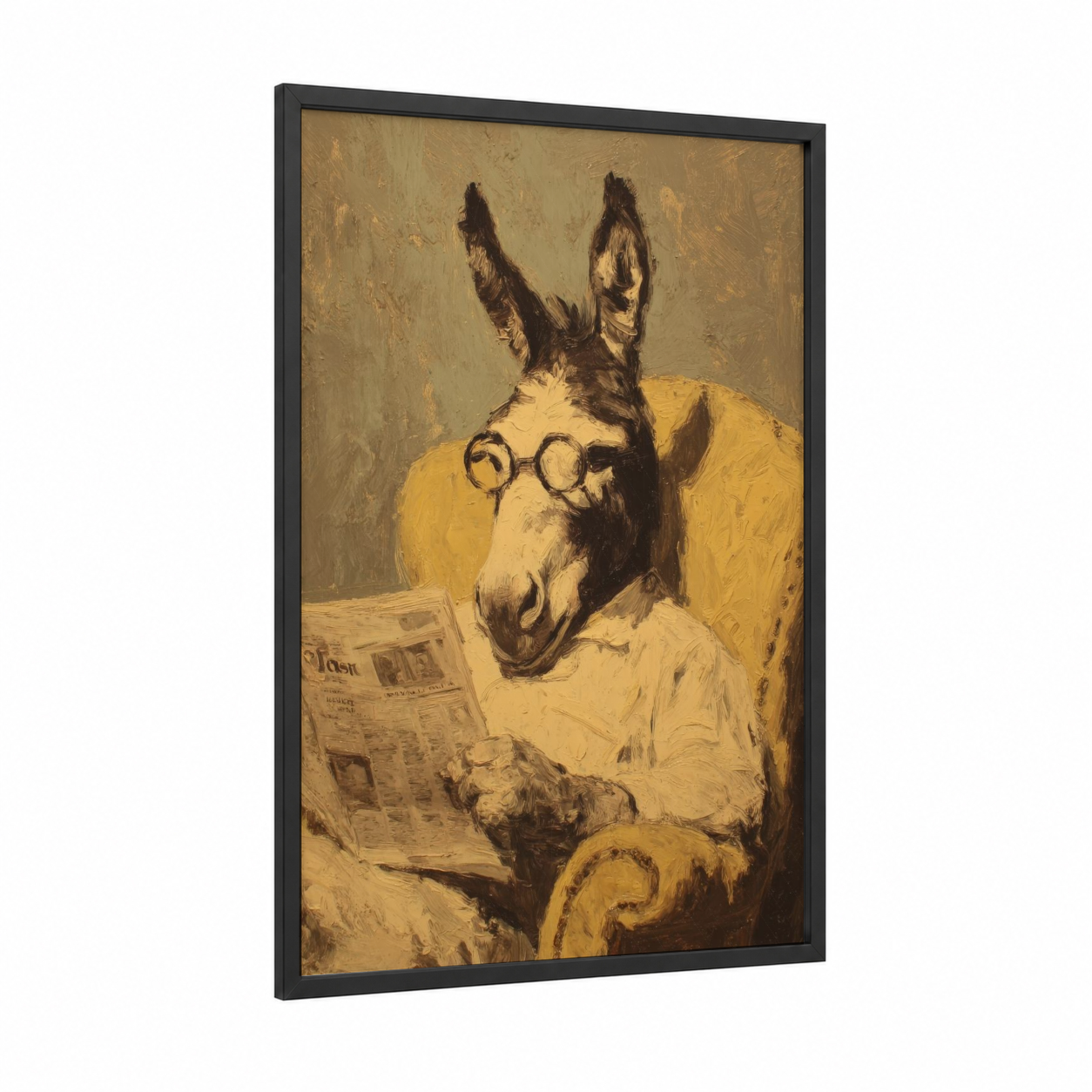 Scholarly Mule framed art print — black wood frame — gold and brown palette