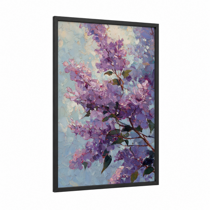 Purple Lilac Bloom framed art print — black wood frame — purple and blue palette